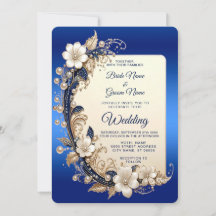 Invitación de boda con adorno floral blanco azul