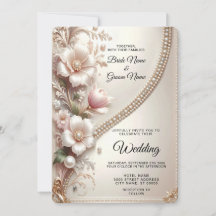 Invitación de boda con adornos florales y perlas