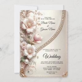 Invitación de boda con adornos florales y perlas