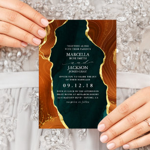 Invitación de Boda con Ágata en Verde Azul, Naranj