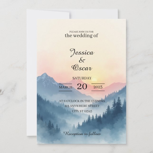 Invitación de boda con amanecer en la montaña en a (Anverso)