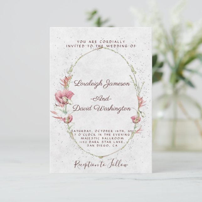 Invitación de boda con amapolas rosadas económicas (Anverso de pie)