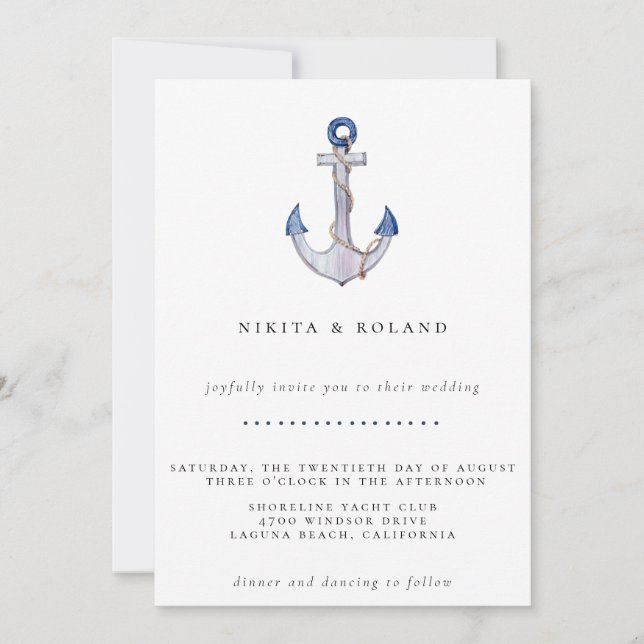 Invitación de boda con ancla con cuerda acuarela (Anverso)