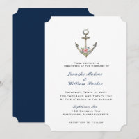 Invitación de boda con ancla de acuarela y flores
