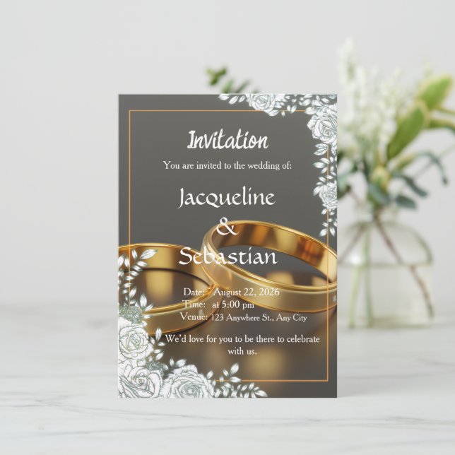 Invitación de Boda con Anillos de Oro de Lujo (Anverso de pie)