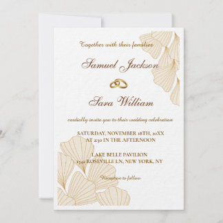 Invitación de boda con anillos de oro y caligrafía