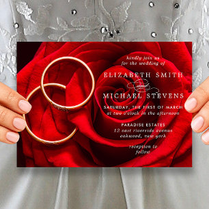 Invitación de Boda con Anillos de Oro y Rosa Roja