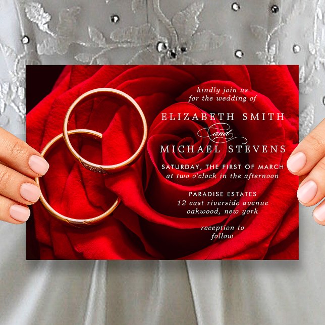 Invitación de Boda con Anillos de Oro y Rosa Roja (Wedding Red Rose Gold Rings Wedding Invitation)