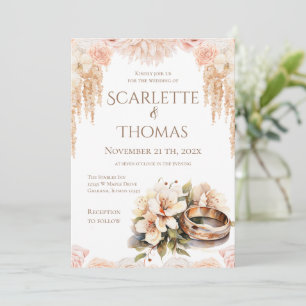 Invitación de boda con anillos florales elegantes