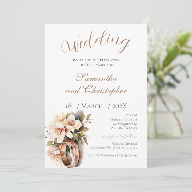invitación de boda con anillos y flores blancas (Anverso de pie)