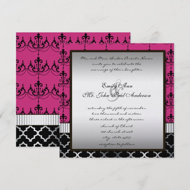 Invitación de boda con araña de plata y negro rosa (Anverso / Reverso)