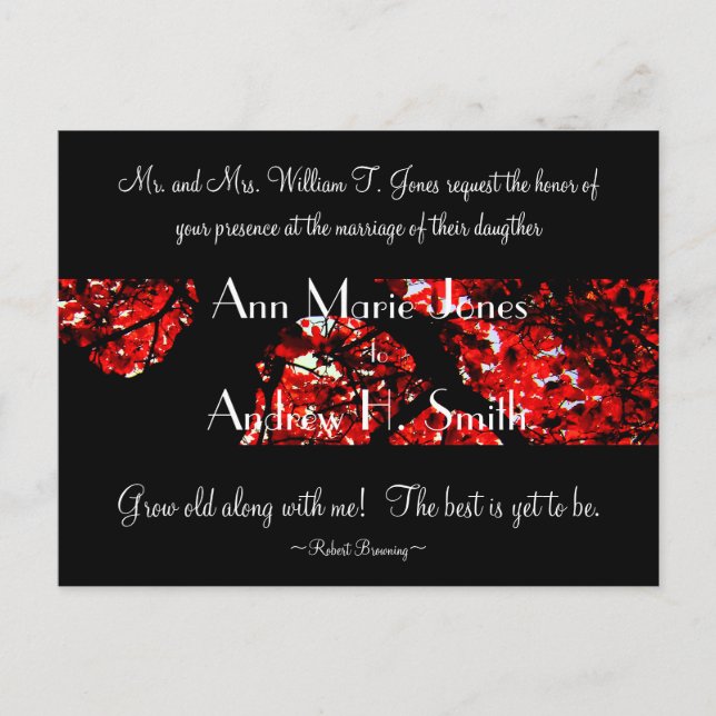 Invitación de boda con árbol de hojas rojas y negr (Anverso)