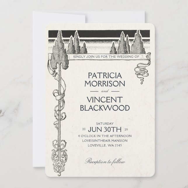 Invitación de boda con árboles vintage (Anverso)