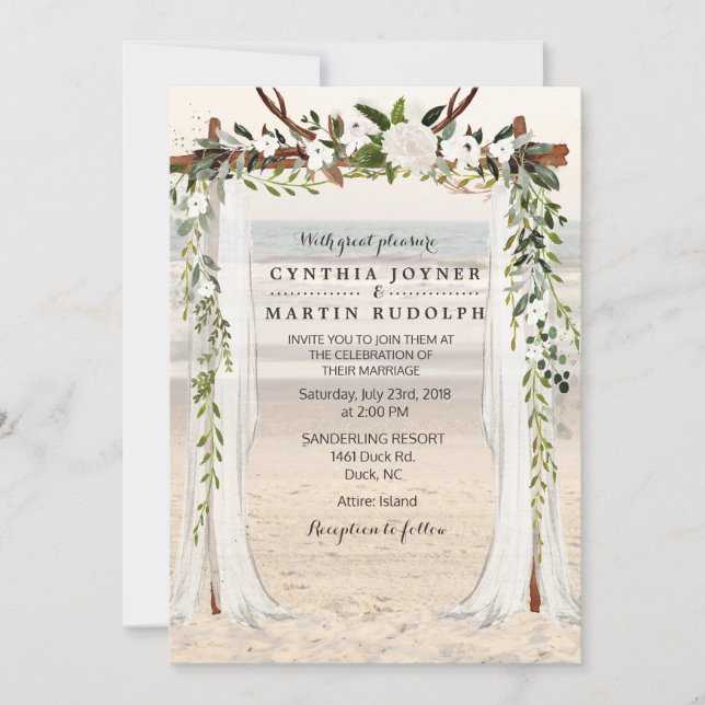 Invitación de boda con arbor floral de playa (Anverso)