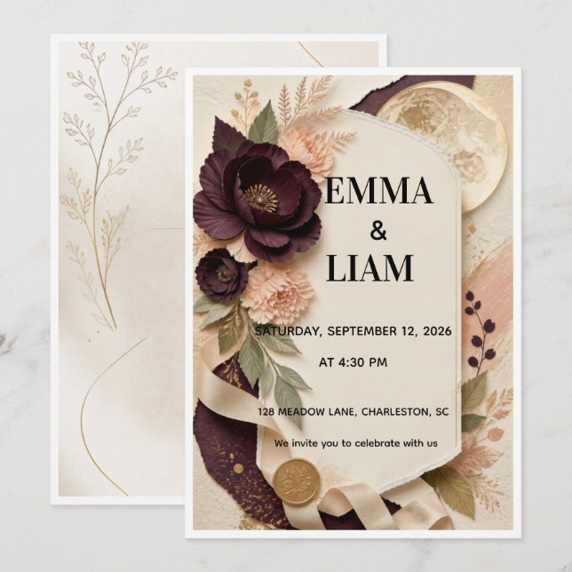 Invitación de boda con arco botánico profundo (Anverso / Reverso)