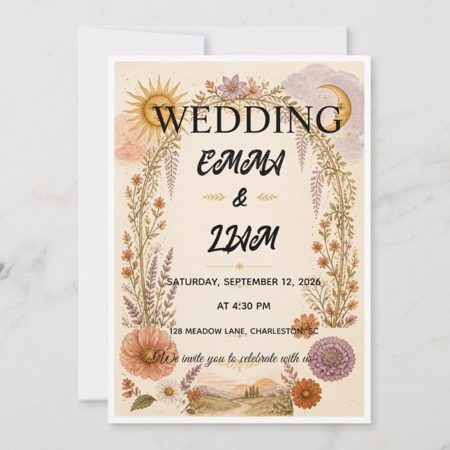 Invitación de boda con arco botánico Sunshine (Anverso)