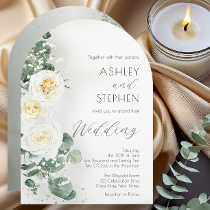 Invitación de boda con arco de color verde salvia