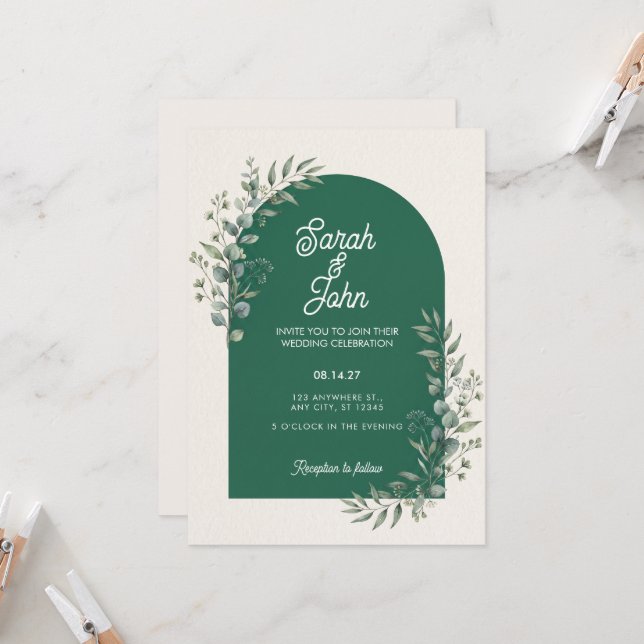 Invitación de boda con arco de eucalipto verde esm (Anverso/Reverso In Situ)