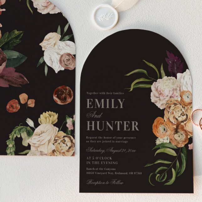 Invitación de boda con arco de flores oscuras (Subido por el creador)
