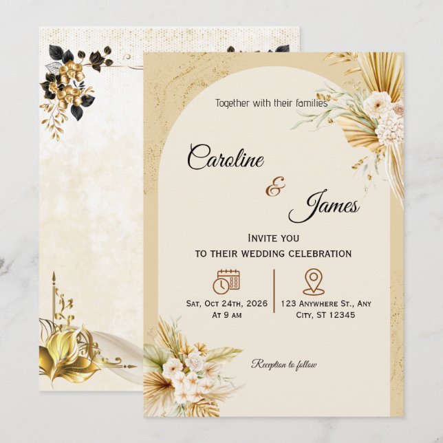 Invitación de boda con arco de hierba de Pampas Bo (Anverso / Reverso)