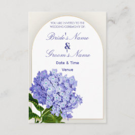 Invitación de boda con arco de hortensias azules e