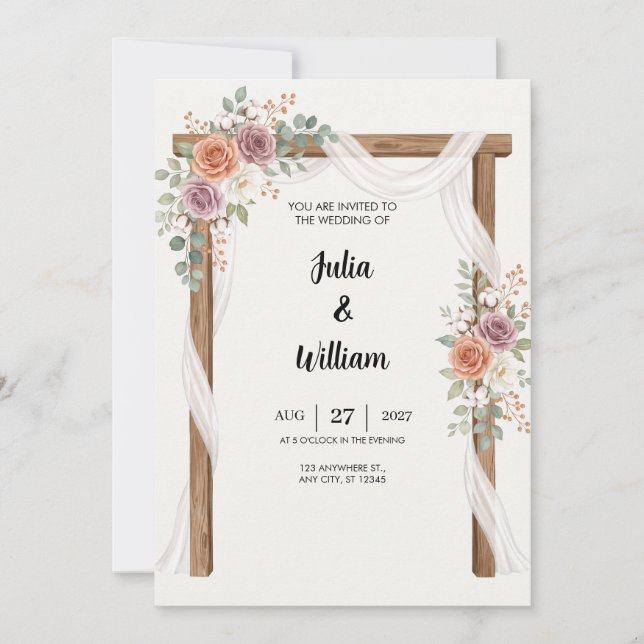 Invitación de boda con arco de madera de terracota (Anverso)
