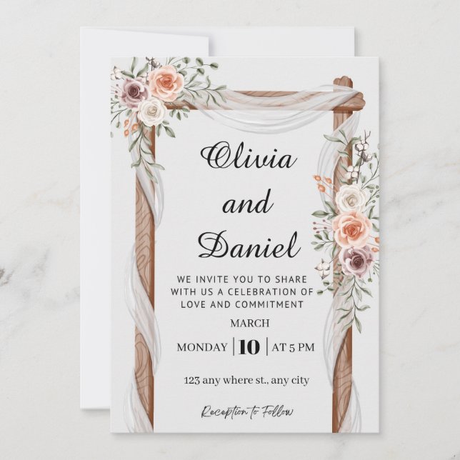 Invitación de Boda con Arco de Madera Floral Rústi (Anverso)