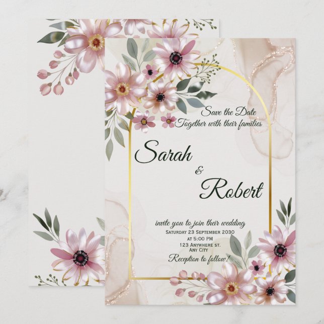 Invitación de Boda con Arco de Mármol Floral Rosad (Anverso / Reverso)