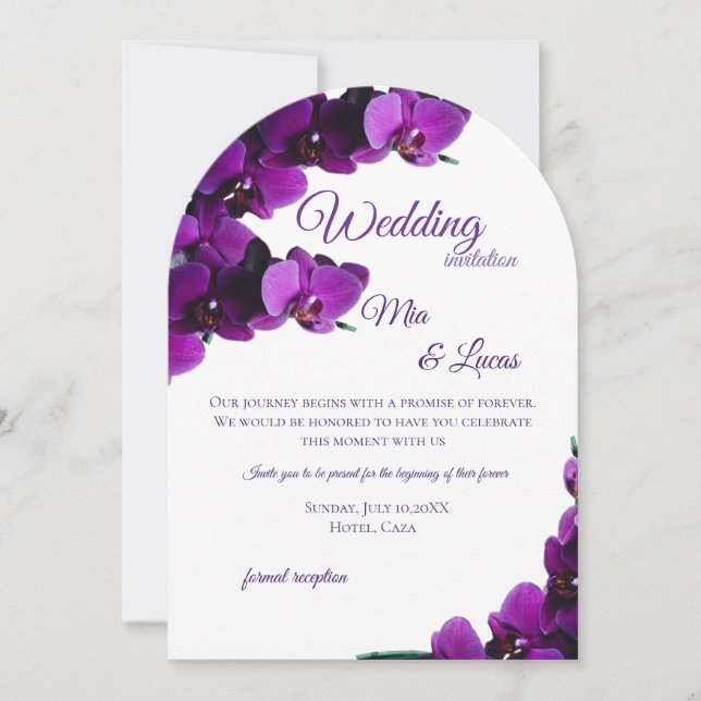 Invitación de boda con arco de orquídea púrpura el (Anverso)