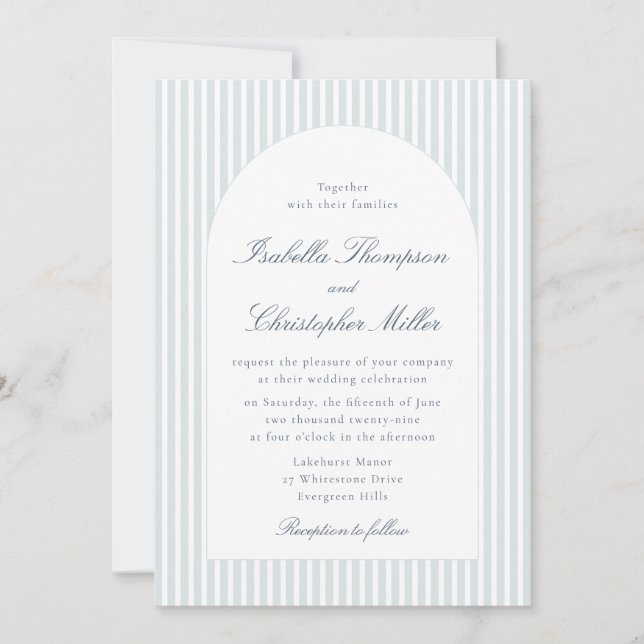 Invitación de boda con arco de rayas azul claro (Anverso)