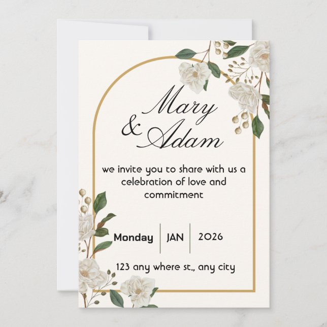 Invitación de boda con arco de rosa blanca elegant (Anverso)