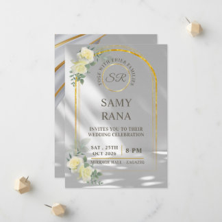 Invitación de boda con arco de rosa blanca y oro e