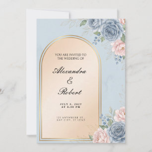 Invitación de boda con arco de rosa oro azul polvo