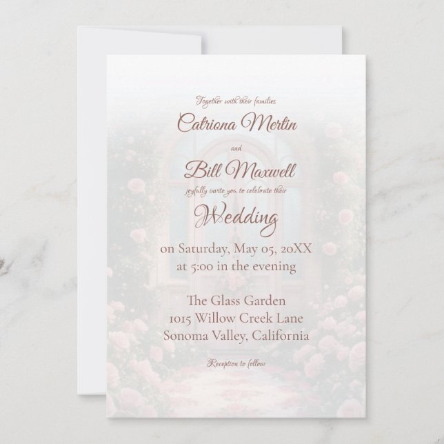 Invitación de boda con arco de rosa romántico puer (Anverso)