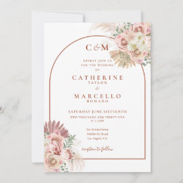Invitación de boda con arco de terracota y hierba