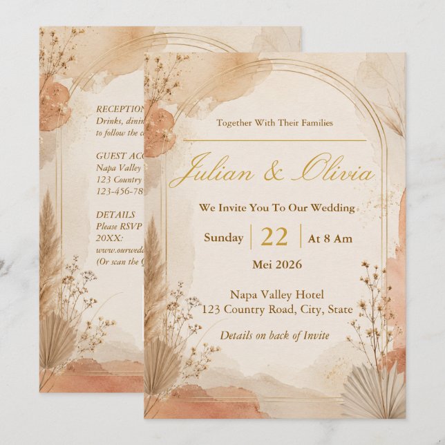 Invitación de boda con arco de terracota y oro est (Anverso / Reverso)