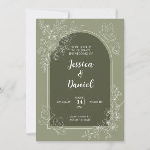 Invitación de boda con arco de verde oliva y línea