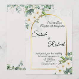 Invitación de Boda con Arco Dorado y Floral Blanco