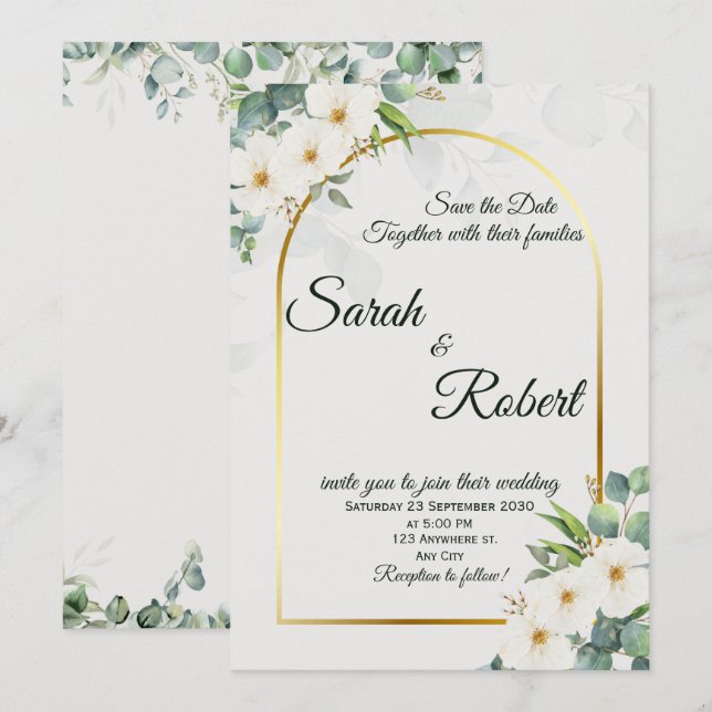 Invitación de Boda con Arco Dorado y Floral Blanco (Anverso / Reverso)
