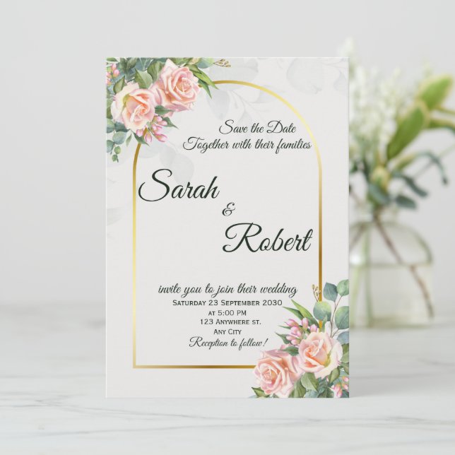 Invitación de Boda con Arco Dorado y Floral Rosa E (Anverso de pie)