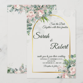 Invitación de Boda con Arco Dorado y Floral Rosado