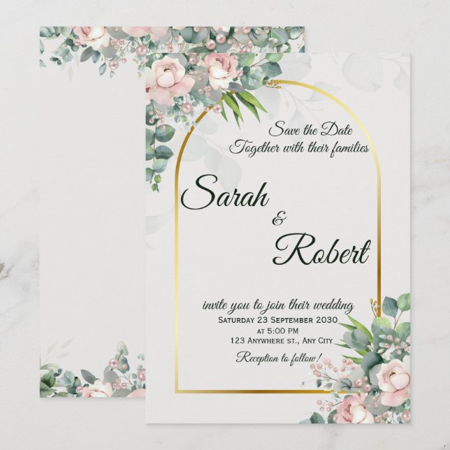 Invitación de Boda con Arco Dorado y Floral Rosado (Anverso / Reverso)