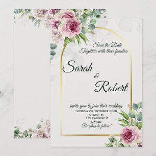 Invitación de boda con arco dorado y flores rosada