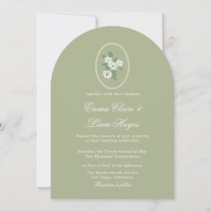 Invitación de boda con arco en verde salvia y chin
