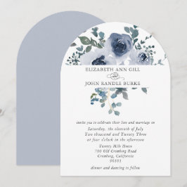 Invitación de boda con arco floral azul polvorient