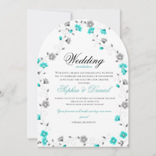 Invitación de boda con arco floral azul turquesa e