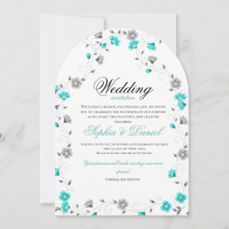 Invitación de boda con arco floral azul turquesa e