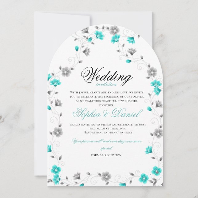 Invitación de boda con arco floral azul turquesa e (Anverso)