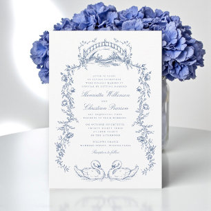 Invitación de boda con arco floral azul vintage