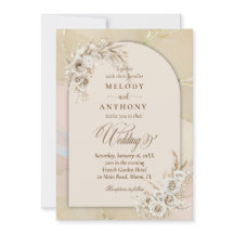 Invitación de boda con arco floral boho blanco mod